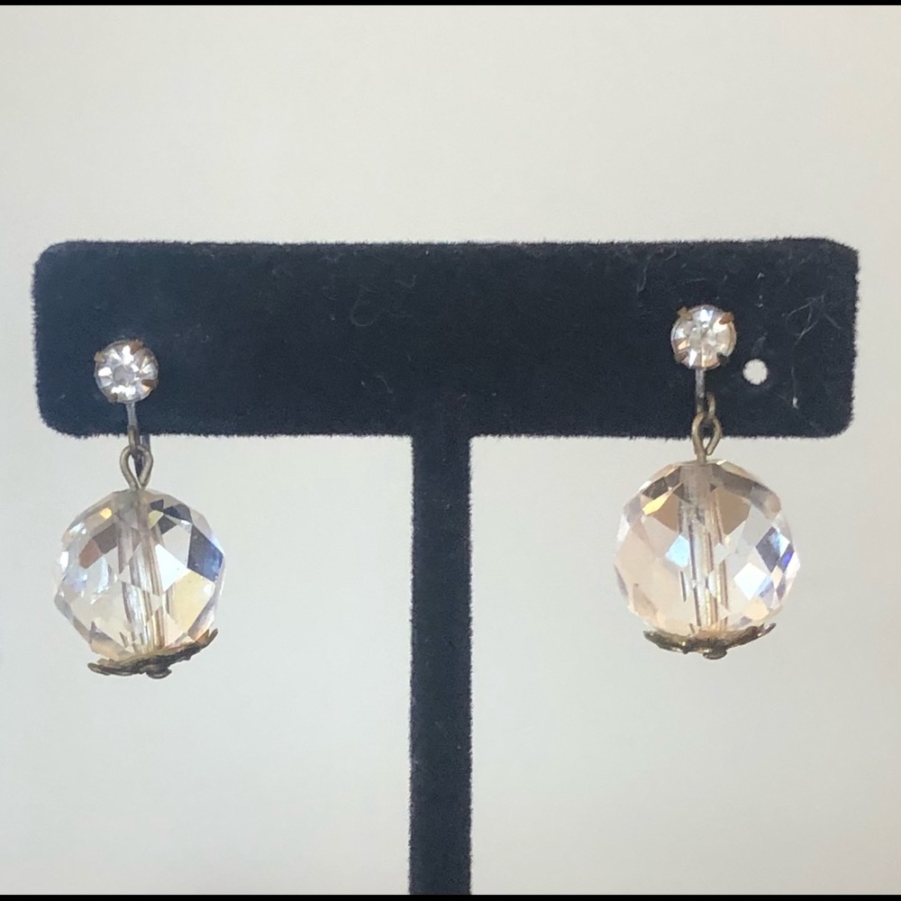 Vintage Brass Crystal Screwback Dangle Earrings